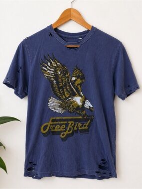 Country Deep Free Bird Distressed Graphic Band Tee Size Small Blue Vintage Wash